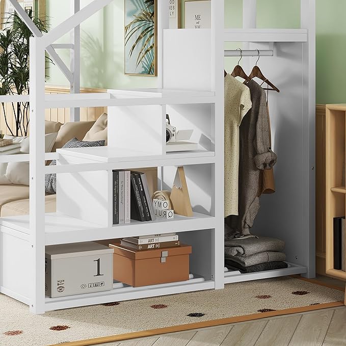 KEIKI Full Size Metal Loft Bed Frame with Convertible Staircase, Built-in Storage Shelves and Wardrobe, Loft Bed with Solid Slats, Guardrail, No Box Spring Required, Easy Assembly, for Bedroom, White