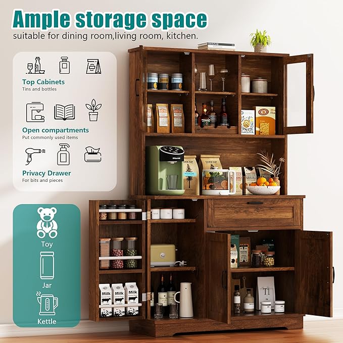 Vongrasig Farmhouse Tall Pantry Cabinet with Acrylic Doors, Large Kitchen Hutch Storage Cabinet for Dining Room, Food Pantry Organization, Microwave Stand, Rustic Brown
