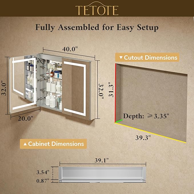 TETOTE Lighted Medicine Cabinet Mirror for Bathroom 40 x 32 LED Mirrored Medicine Cabinet with 3-Color Lights, 2 Door Tempered Glass Recessed or Surface Mount Cabinet, Outlets & USB, Adjustable Shelf