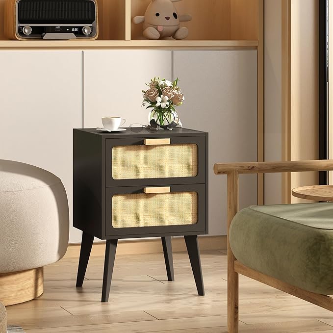 YAUKOMEL Black Nightstand, Wood End Table, Side Table with 2 Hand Made Rattan Decorated Drawers,Boho Bedside Table,Wood Accent Table with Storage for Livingroom, Bedroom, Black CTG59B
