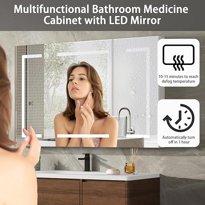 DEYGIA LED Medicine Cabinet with Mirror for Bathroom, Assembly-Free Lighted Medicine Cabinet, Defog, Stepless Dimming, 3 Colors, 2 Outlets, 2USB, Aluminum Wall Mounted Mirrored Cabinets, 48”Wx30“H