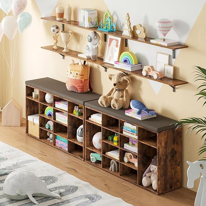 DINZI LVJ Shoe Storage Bench with Cushion, 16-Cubby Shoe Rack, Adjustable Shelves, Multifunctional Shoe Organizer Bench for Entryway, Mudroom, Hallway, Living Room, Bedroom and Garage, Rustic Brown
