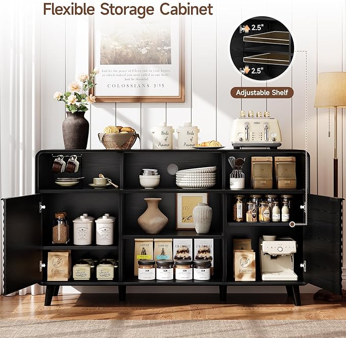 58 Inch Curved Sideboard Buffet Cabinet w/2 Wave Doors and Open Storage Spaces, Angled Side Frame, Sideboard Storage with Adjustable Shelves, Coffee Bar Cabinet for Kitchen, Living Room, Black