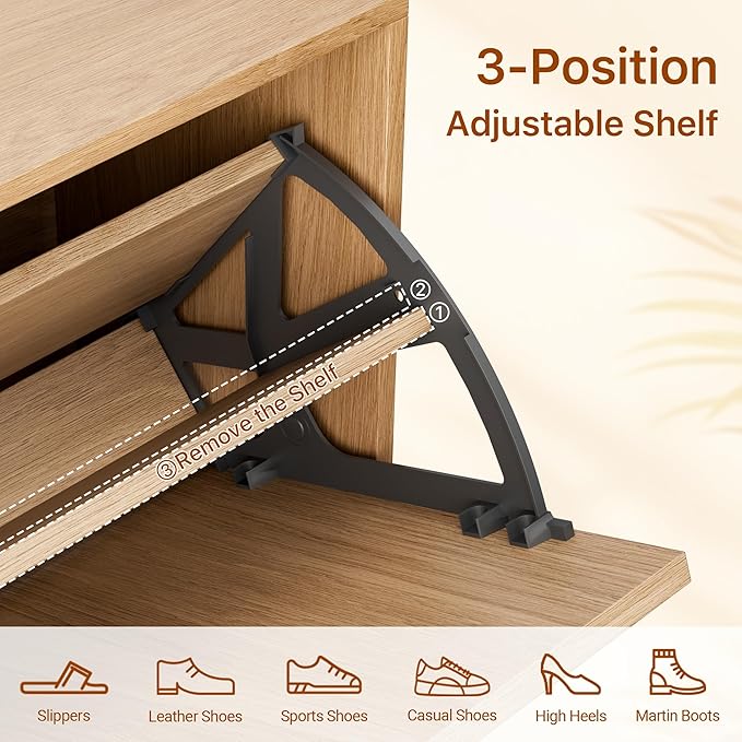 Farmhouse Shoe Cabinet Storage for Entryway, Slim Shoe Rack Cabinet with 2 Flip Drawers, Narrow Shoe Organizer Cabinet with Stylish Round Panel, Metal Leg and Handle