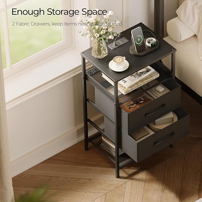 JARHETUN Nightstand Set of 2, Night Stands with Charging Station, 26.4 Inch Tall Bedside Table with Metal Shelf, Side Table with 2 Fabirc Drawers for Bedroom, Black