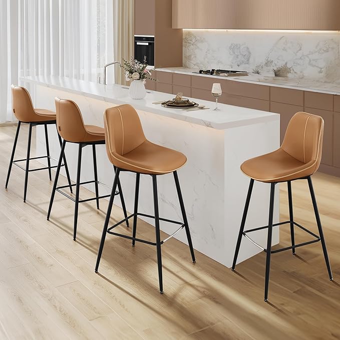 VASAGLE Bar Stools Set of 4, Bar Height Bar Stools with Back, Ergonomic Backrest, Synthetic Leather, Metal Legs, 28.5-Inch Tall Barstools for Kitchen Island Home Bar, Easy Assembly, Caramel Brown
