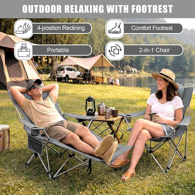 Colingmill 2 Pcs 2 in 1 Reclining Camping Chair with Footrest for Adults Folding Lounger Mesh Beach Chair Adjustable Backrest Lightweight Lawn Chairs for Camping Tailgates Outdoor Beach(Gray)