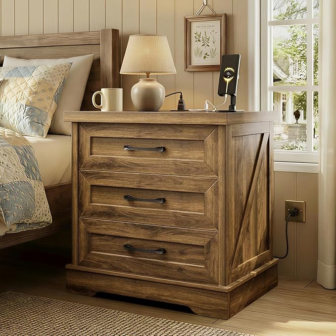 AODK 24 Inch Farmhouse Nightstands with Charging Station, Bedside Tables with Three Drawers, Bed Side Table with Storage, Rustic End Tables with Outlet and USB for Bedroom, Living Room, Light Walnut