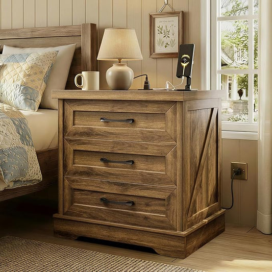 AODK 24 Inch Farmhouse Nightstands with Charging Station, Bedside Tables with Three Drawers, Bed Side Table with Storage, Rustic End Tables with Outlet and USB for Bedroom, Living Room, Light Walnut