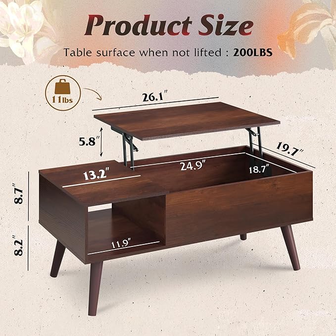 WLIVE Coffee Table for Living Room, Lift Top Coffee Table with Storage, Small Rising Wooden Dining Center Table with Storage Shelf & Hidden Compartment, 39" Espresso