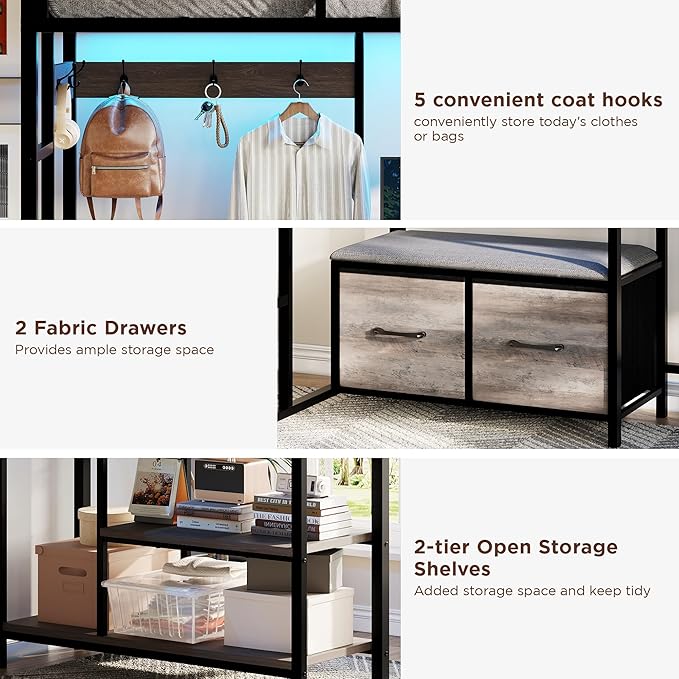 Vabches Twin Size Loft Bed with L-Shaped Desk, LED Lights, Charging Station, Loft Bed Frame with with Storage Drawers,Coat Rack, Safety Guardrail & Ladder, Gray