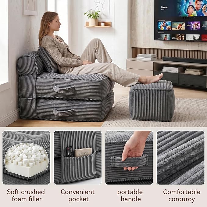 Folding Sofa Bed, Convertible Sleeper Chair with Pillow Foldable Mattress with Back Support, Portable Fold Out Chair Bed Comfy Floor Couch Lounge for Living Room Bedroom Apartment Single