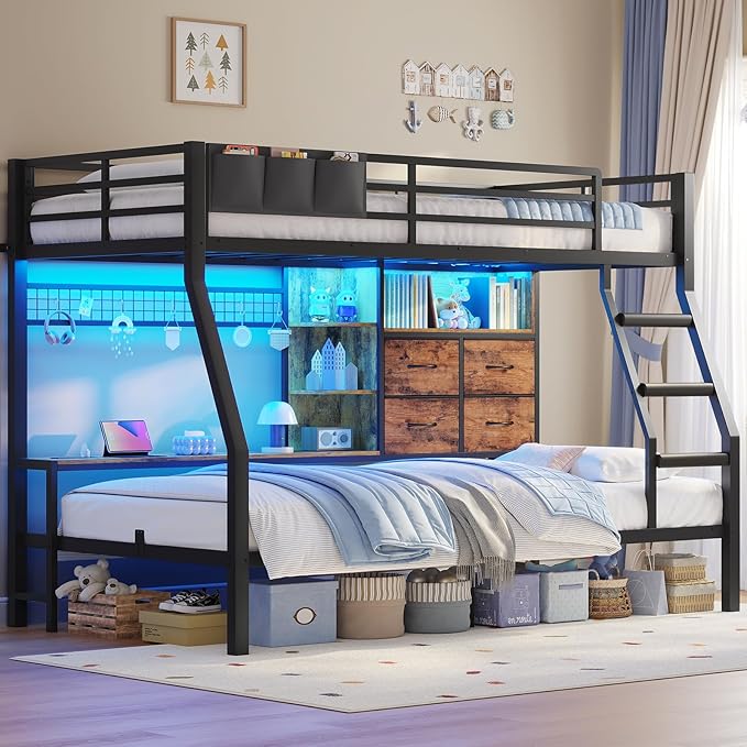BTHFST Bunk Bed Twin Over Twin with 4 Storage Drawers & Shelves & Bedside Caddy, Twin Bunk Beds with LED Lights & Charging Station, Metal Loft Bed with Angled Ladder & Safety Guardrail, Rustic Brown