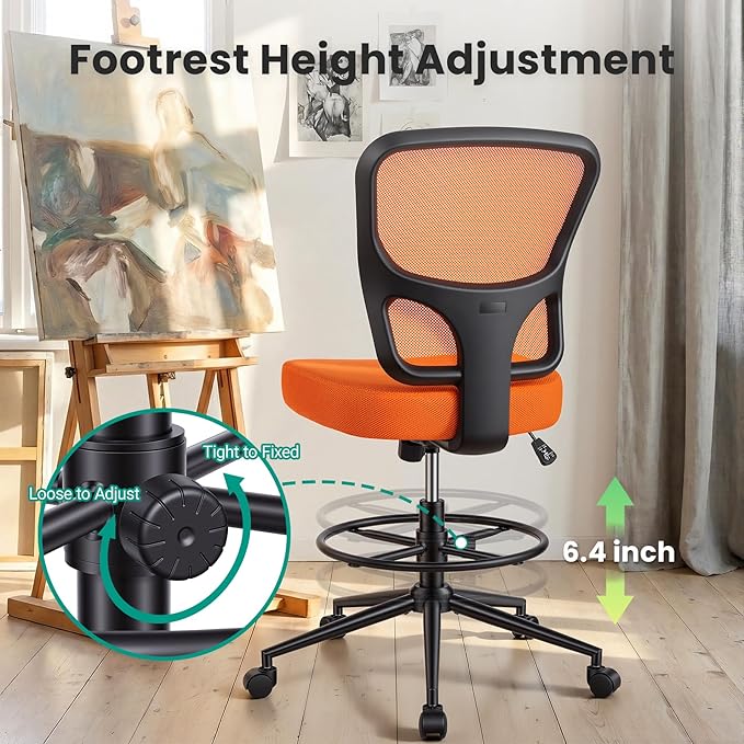 Armless Drafting Chair Tall Office Chair for Standing Desk - Adjustable Height Mesh Ergonomic Drafting Stool with Foot Ring & Wheels, Rolling Counter Height Computer Chair for Home Office