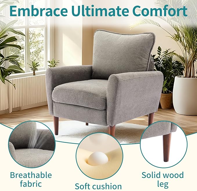 OLIXIS Comfy Accent Chair for Living Room Bedroom and Waiting Room, Upholstered Mid-Century Reading Chair with Pillow and Solid Wood Legs, Wide Singe Modern Lounge Sofa Gray, 2 Pack