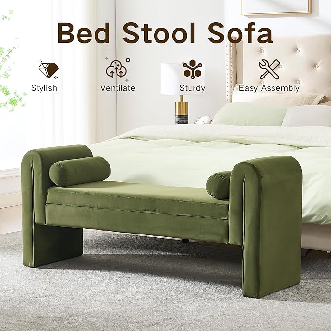 Modern Velvet Bench for Bedroom End of Bed, 60.5" Upholstered Rolled Armed Button Tufted Stool Bench with Storage, Sofa Ottoman Long Bench with 2 Pillows for Entryway/Bedroom, Green