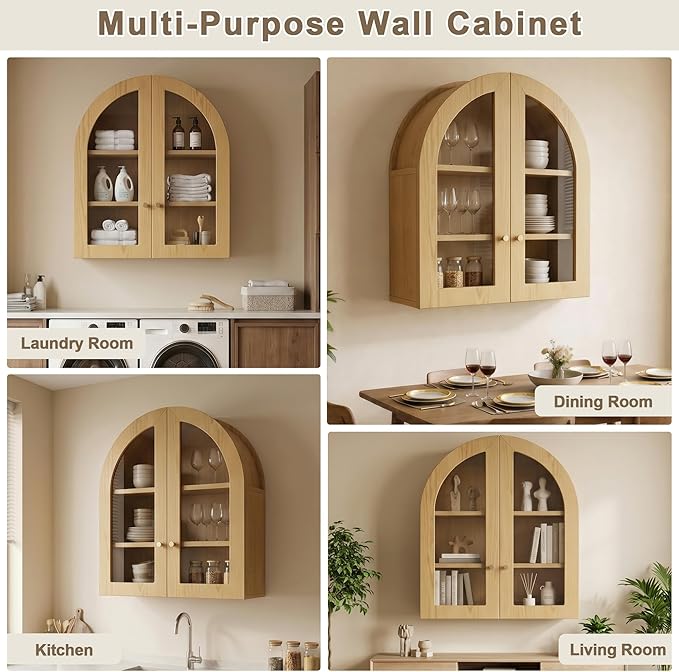 Arched Wall Cabinet, Bathroom Cabinet Wall Mount with Glass Doors & Adjustable Shelf, Floating Medicine Cabinet for Bathroom, Kitchen, Living Room Storage, Oak