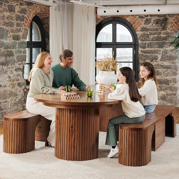 Transformer Table - Solid Wood Extendable Round Dining Table Set, Expandable Dining Table, Elegant and Functional Design, Perfect for Dining Room, Royal Brown (Table + 2 Benches)