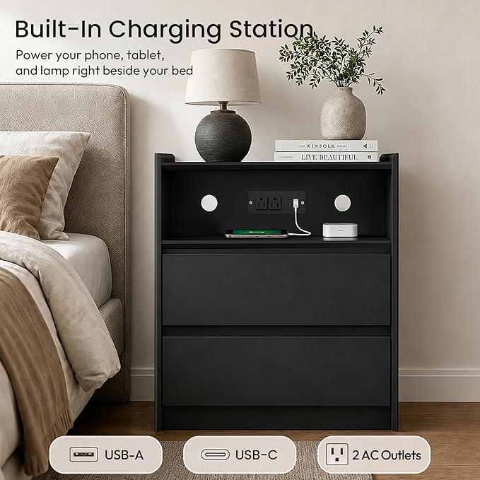 24" Tall Nightstand with Charging Station Including USB-C, Modern Bedside Table and Sofa End Table - Black, 2 Drawers, Set of 2