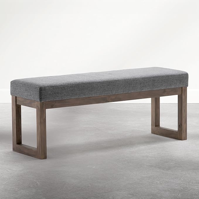 SIMPLIHOME Milltown Large Ottoman Bench - 44 inch Wide Upholstered Linen Look Fabric Rectangle Footstool Ottoman in Parisian Grey, Contemporary Bench for Entryway with Cushioned Seat, Assembled