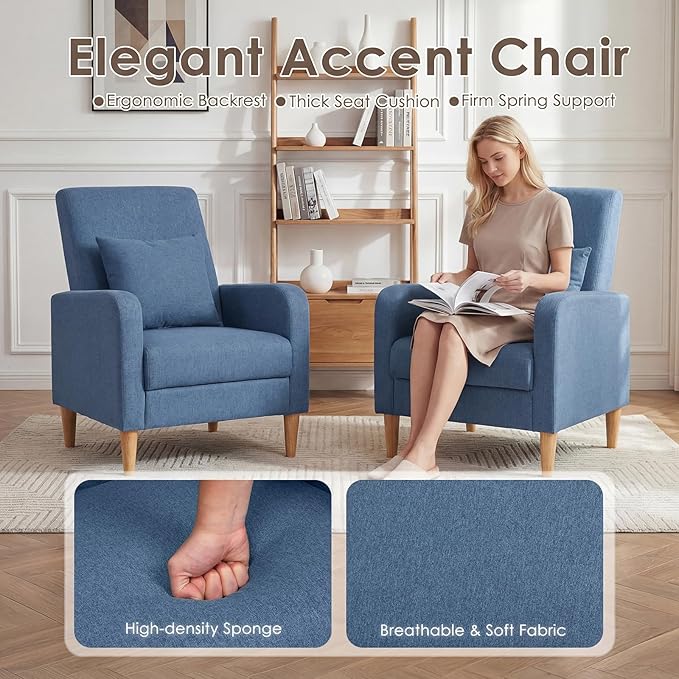COLAMY Mid-Century Modern Upholstered Accent Chair with Back Pillow & Solid Wood Legs, Fabric Cozy Armchair for Living Room, Bedroom, Reading Nook, Apartment & Small Spaces, Blue
