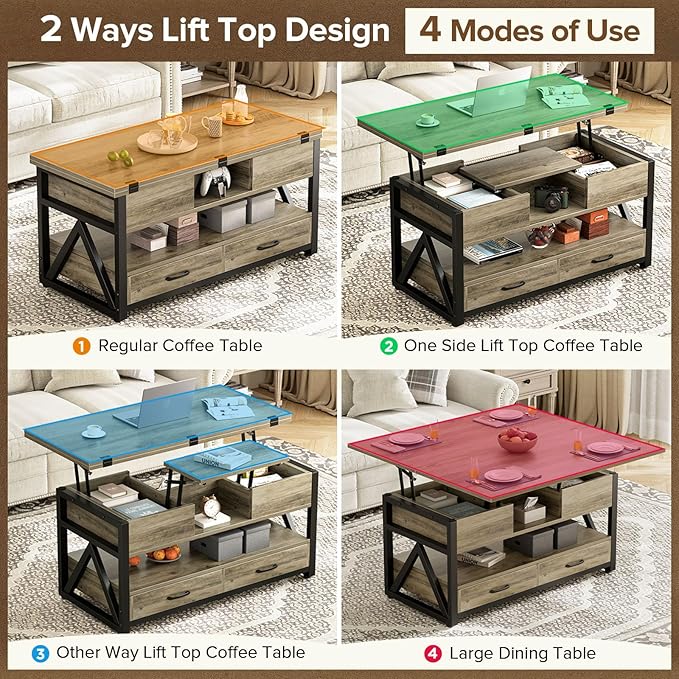 Memobarco 40" Lift Top Coffee Table,4 in 1 Multi-Function Lift Coffee Tables with Storage Drawers and Hidden Compartmen,Farmhouse Coffee Table with Lifting top for Living Room,Grey