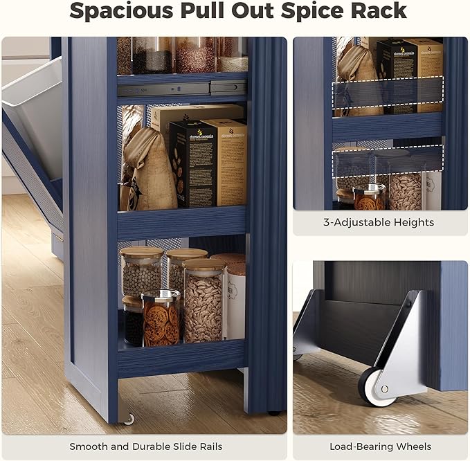LIKIMIO 59" Kitchen Island with Power Outlet & Hidden Trash can Storage, Faux Marble Island Table with Seating Area, 3-Tier Spice Rack, 3 Drawers, 2-Tier Cabinet, Rolling Kitchen Cart on Wheels, Blue