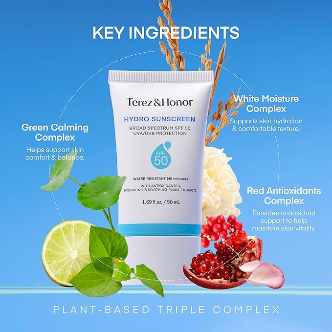 Terez & Honor Sunscreen for Face: Hydrating Face Sunscreen Broad Spectrum SPF 50 with UVA/UVB Protection - Moisturizing, Soothing, Water-Resistant, No-White Cast & Non-Greasy - Korean Sun Care 1.69oz