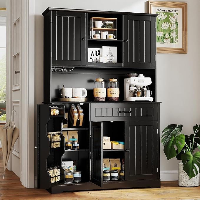 Gizoon Kitchen Pantry Cabinet with Countertop Kitchen Hutch Storage Cabinet 67.7" Tall Pantry Coffee Bar with Storage for Dining Room and Craft Room, Painted Black