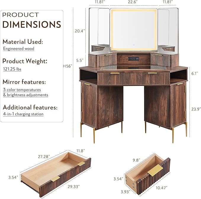 T4TREAM 48" Fluted Makeup Vanity Desk with HD Triple Mirror and Lights, Large Lighted Corner Vanity with Glass Top, Modern Dressing Table with 3 Drawers & 2 Cabinets for Bedroom, Dark Walnut