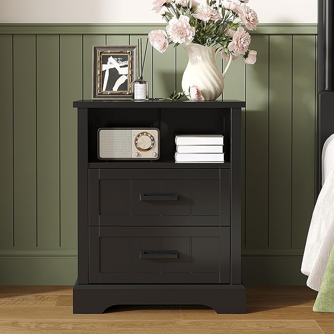 ChooChoo Farmhouse Night Stands with Charging Station, Wood Nightstand Set of 2 with 2 Drawers, Bedside Table with Open Storage Shelf for Bedroom, Black