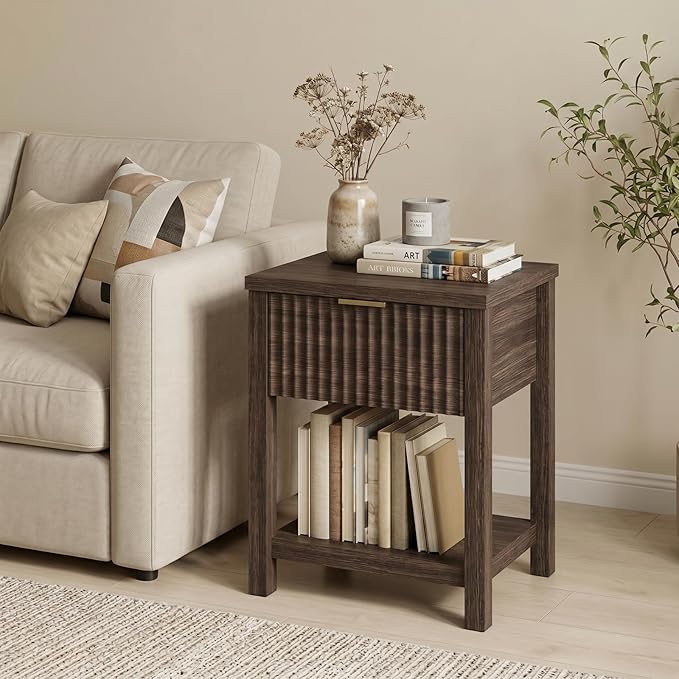 Fluted Night Stand with Golden Handle,Mid-Century Nightstands with Drawer,Modern Bedside Table with Storage Shelf,Large End Tables for Livingroom,Bed Side Tables for Bedroom,Walnut