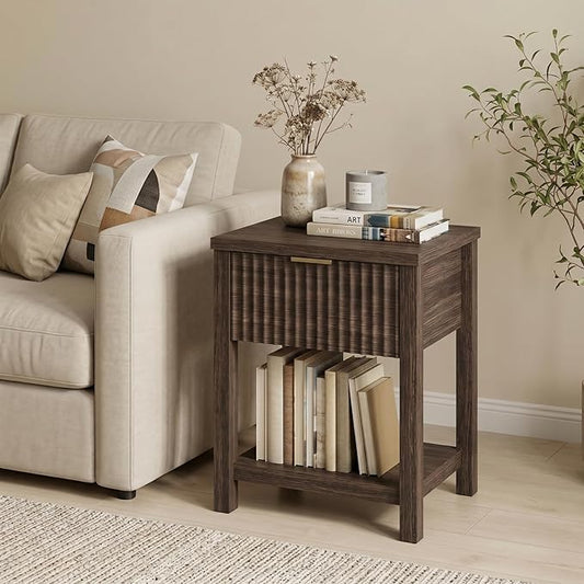 Fluted Night Stand with Golden Handle,Mid-Century Nightstands with Drawer,Modern Bedside Table with Storage Shelf,Large End Tables for Livingroom,Bed Side Tables for Bedroom,Walnut