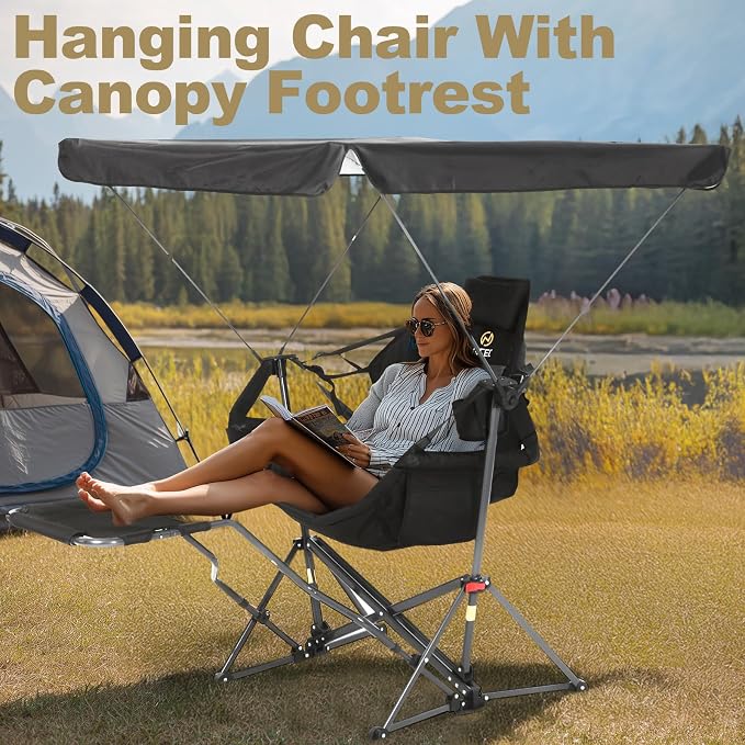 Nice C Hammock Chair with Canopy & Footrest, Portable Swinging Camping Chair with Shade, Folding Rocking Umbrella Chair, Detachable Footrest, Cup Holder, Carry Bag for Camping, Beach (1 Pack)