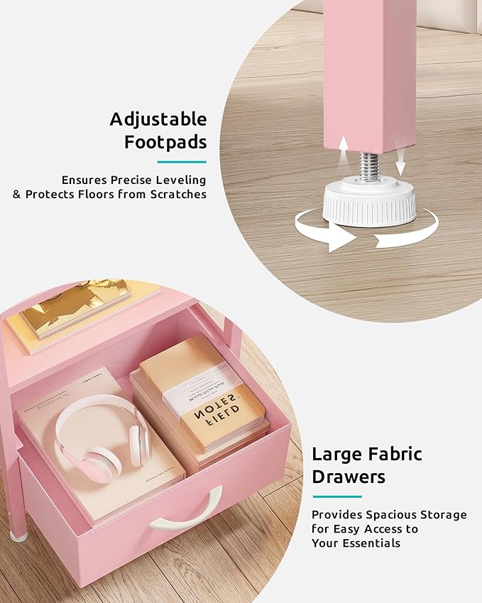 Lazzanto Night Stand Bedside Charger Bedroom - Nightstand with Charging Station & LED Light Strip, Night Stand with Storage Shelf & 4 Fabric Drawers, Morden End Table with USB Ports&AC Outlets,Pink