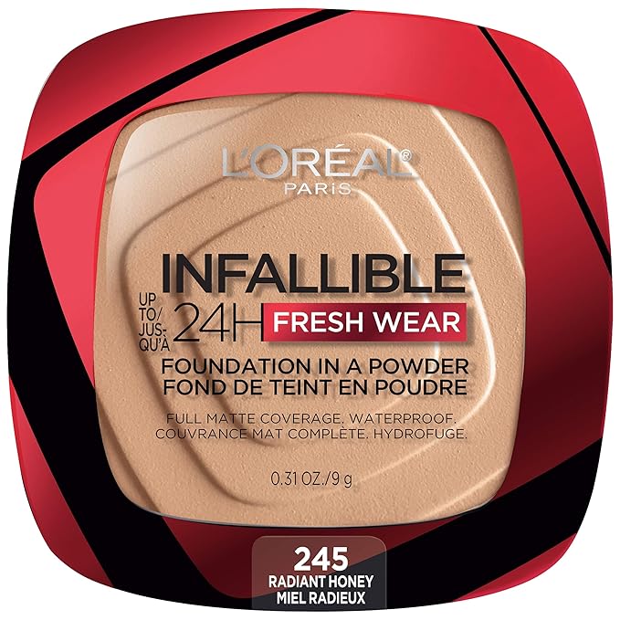 L'Oreal Paris Makeup Infallible Fresh Wear Foundation in a Powder, Up to 24H Wear, Waterproof, Radiant Honey, 0.31 oz. (Packaging May Vary)