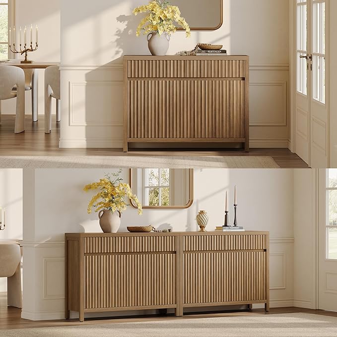 SICOTAS Fluted Sideboard Buffet Cabinet with Storage – 42" Credenza Accent Cabinet with 2 Drawers and 3 Doors, Modern Entryway Cabinet Console with Adjustable Shelves for Living Room, Kitchen