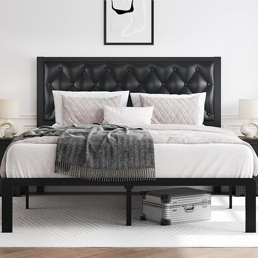 HISOFT Queen Bed Frame with Upholstered Button Tufted Headboard, Bed Frame Platform Metal Slats Support, Under Bed Storage, No Box Spring Needed, Noise-Free, Easy Assembly, Black