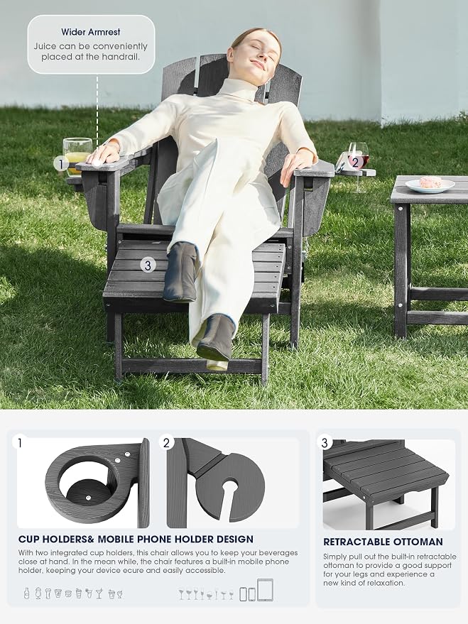 KINGYES Adjustable Folding Adirondack Chairs with Footrest & 2 Cup, HDPE Recliner Adirondack Chair with Ottoman, Grey