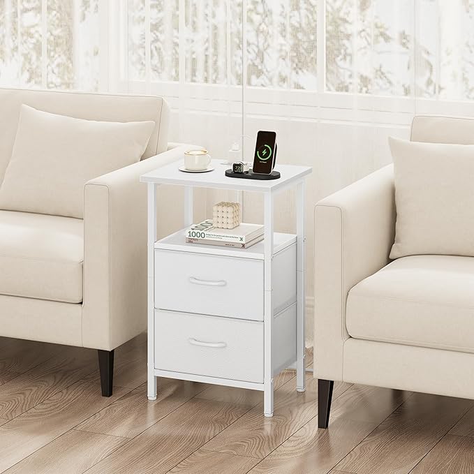 Vagusicc Nightstand with Charging Station, End Table with Fabric Drawers, Side Tables with Storage Shelf, 24.2" Tall Bedside Table with USB Ports & Outlets, Night Stand for Bedroom, White