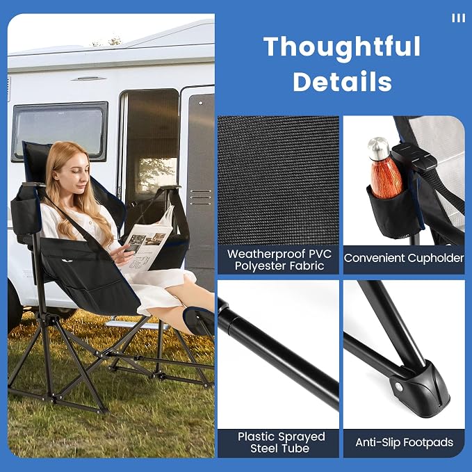 COSTWAY Folding Camping Chair, Portable Beach Chair with Retractable Footrest, Adjustable Back, Cup Holder & Carry Bag, Outdoor Lawn Patio Chair for Camping, Fishing, Hiking (Black, 2 Pack)