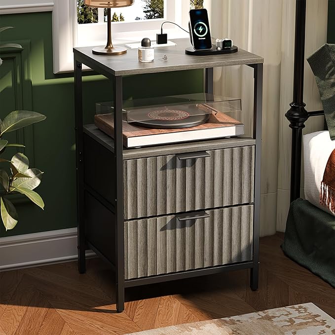 VINGLI Grey Night Stand with Charging Station and Fabric Drawers, Fluted Nightstand Gray with Drawers, Grey Bedside Table/End Table for Bedroom, 14.96" W*11.81" D*23.78" H