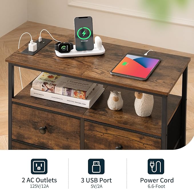 Yoobure Night Stand with Charge Station, Nightstand with 4 Drawers Bedside Table, LED Dresser with Storage Shelf, Night Stands for Bedroom, Side Table 3-Tier Wood End Table for Home Rustic Brown