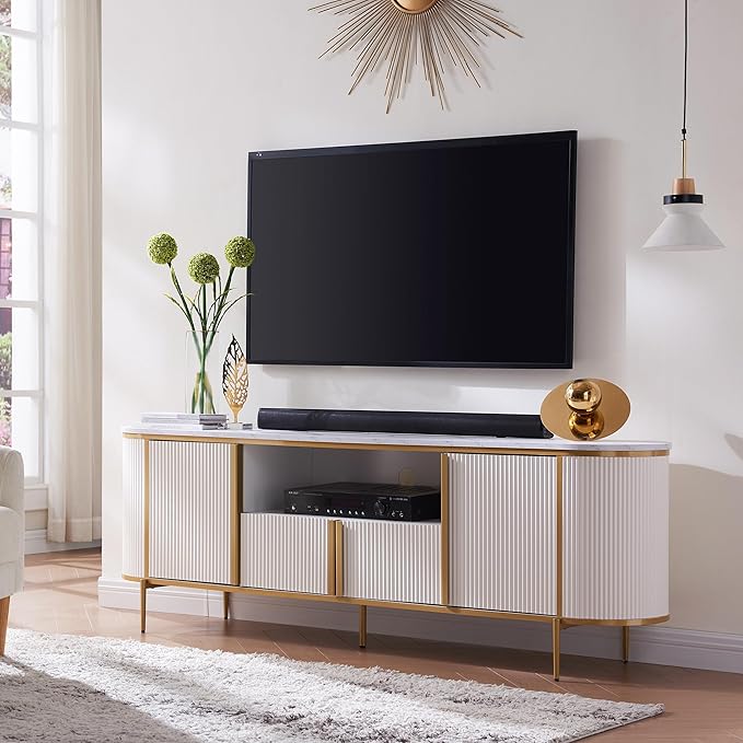 OKD 70" Fluted TV Stand with Storage, Faux Marble Top Entertainment Center for TVs Up to 80", Modern Curved Edge Media Console Cabinet for Living Room, Off White