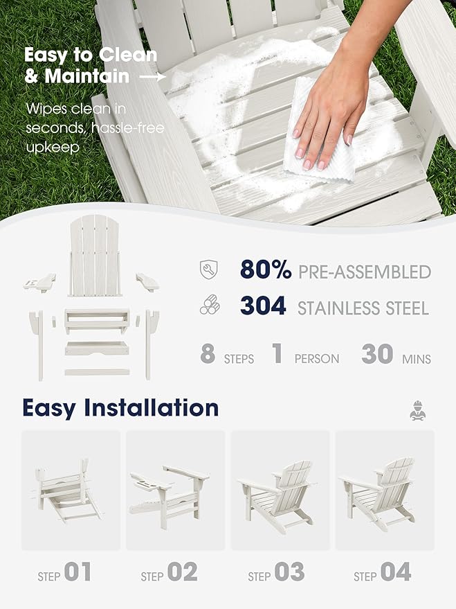 KINGYES Adjustable Folding Adirondack Chair with Footrest & 4-in-1 Multi-Functional Armrest Organizer, HDPE Recliner Adirondack Chair with Pull-Out Ottoman, White