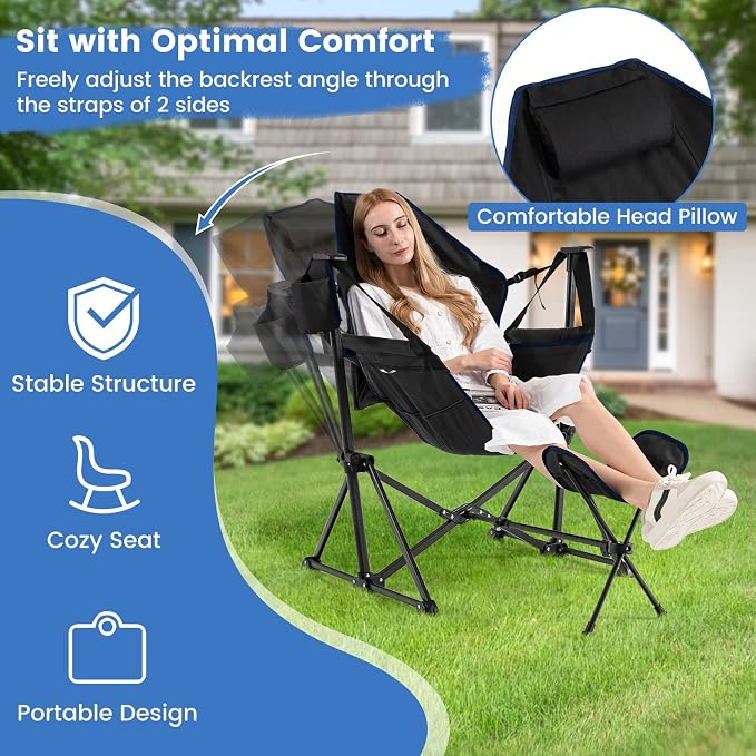 COSTWAY Folding Camping Chair, Portable Beach Chair with Retractable Footrest, Adjustable Back, Cup Holder & Carry Bag, Outdoor Lawn Patio Chair for Camping, Fishing, Hiking (Black, 2 Pack)