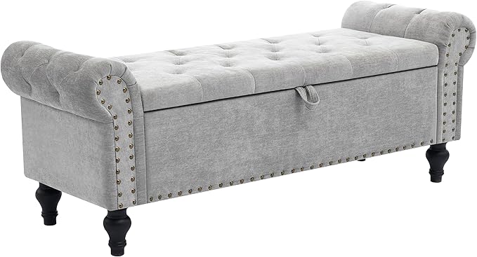51" Storage Ottoman Bench, End of Bed Bench for Bedroom, Window Benches for Foot of Bed, Chenille Upholstered Benches, Storage Ottomans for Living Room, Entryway, Light Gray