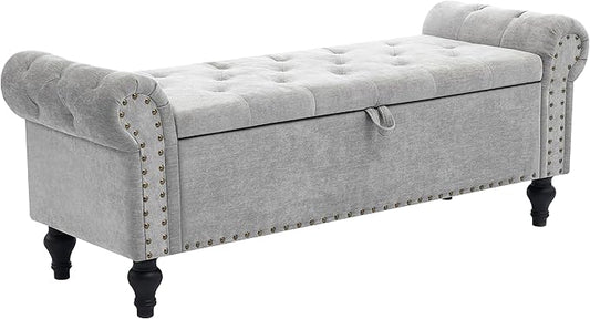 51" Storage Ottoman Bench, End of Bed Bench for Bedroom, Window Benches for Foot of Bed, Chenille Upholstered Benches, Storage Ottomans for Living Room, Entryway, Light Gray