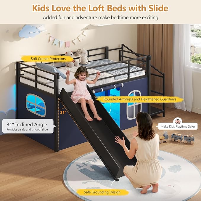 DICTAC Low Loft Bed with Slide,Storage Stairway and Led Lights Metal Twin Size Loft Bed with Under-Bed Play Space,Art Table & Play Curtain Twin Beds with 2 Drawers and 13.8''H Safety Guardrail,Black