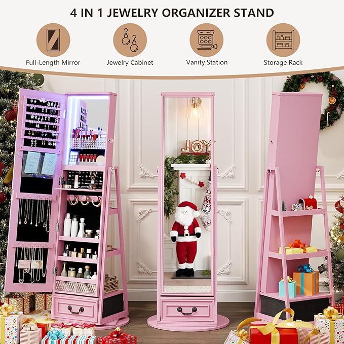 HWB Standing Full-Length Mirror Jewelry Armories, Jewelry Organizer with LED Lights 360° Swivel, Lockable Jewelry Cabinet, Jewelry Storage with Shelves & Stable Base Pink